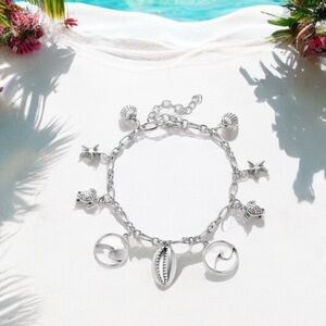 Silver Wave Ankle Bracelet with Starfish and Shells